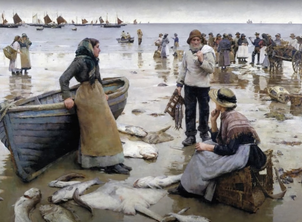 a painting by Stanhope Forbes, a fish sale on a cornish beach