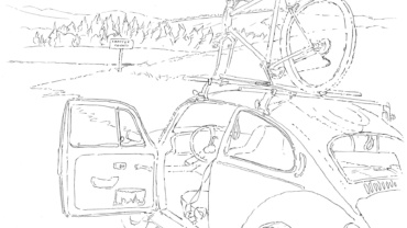 pen-and-ink drawing direct of a volkswagen with a bicycle on top, on Poncha Pass, Colorado, by Jonathan Machen, 1986