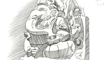 a pen-and-ink drawing of Ganesh from a museum in Cambodia, by Jonathan Machen