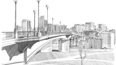 a pen-and-ink drawing of the Fox Street Bridge in Denver by Jonathan Machen, 2012