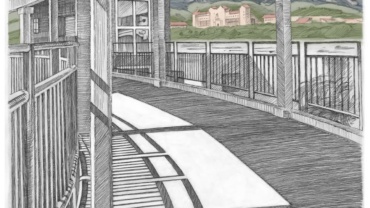 a pen-and-ink drawing of the 29th st. Mall pavilion in Boulder, CO, 2013, by Jonathan Machen