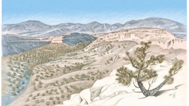 a pen-and-ink drawing of Barranca Mesa in Los Alamos by Jonathan Machen