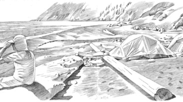a pen-and-ink drawing of a coastal camp on the Lost Coast, by Jonathan Machen, 2016
