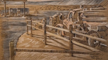 Chalk pastel drawing of a car in late evening sun at Stovepipe Wells, Death Valley, drawing by Jonathan Machen