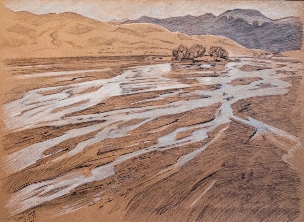 A chalk pastel drawing of Medano Creek at the Great Sand Dunes National Park, by Jonathan Machen, 2021