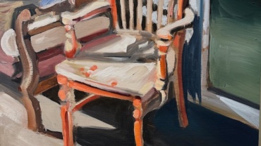 a picture of an oil painting of a red chair by Jonathan Machen