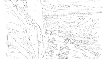 Pen-and-ink drawing direct of the Sangre De Christo mountains from Pueblo Canyon, Los Alamos by Jonathan Machen, 1984