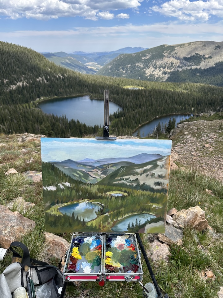 a photo of a plein-air setup above Crater Lakes, Indian Peaks Wilderness, by Jonathan Machen