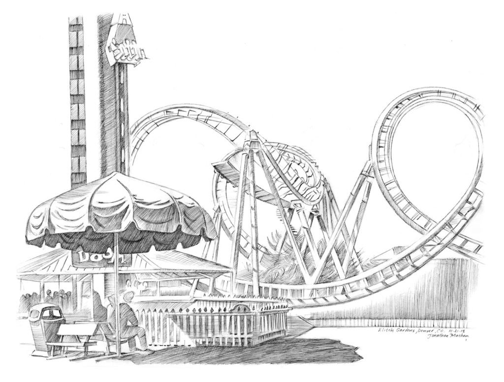 a pen-and-ink drawing of the Brain Drain ride at Elitch Gardens, by Jonathan Machen, 2018