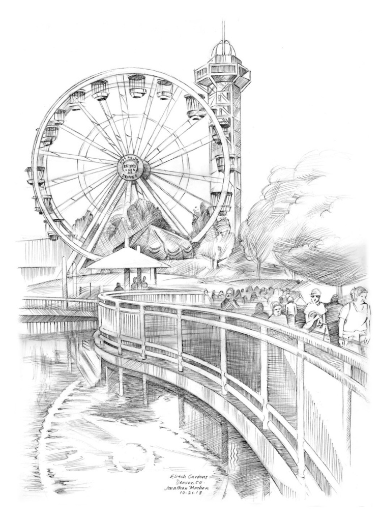 a pen-and-ink drawing of the Ferris Wheel at Elitch Gardens, by Jonathan Machen, 2018