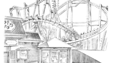 a drawing of the Mind Eraser Ride at Eliltch Gardens in Denver by Jonathan Machen, 2018