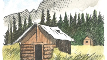 this is a picture of a pen-and-ink drawing with watercolor of a cabin in the mountains called Holy Cross City, by Jonathan Machen, 2000