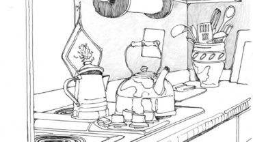 pen-and-ink drawing of a stove top with teakettle, teapotl roll of paper towels and other kitchen implements