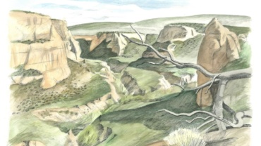 a pen-and-ink and watercolor drawing of No Thoroughfare canyon in Colorado National Monument, CO, by Jonathan Machen
