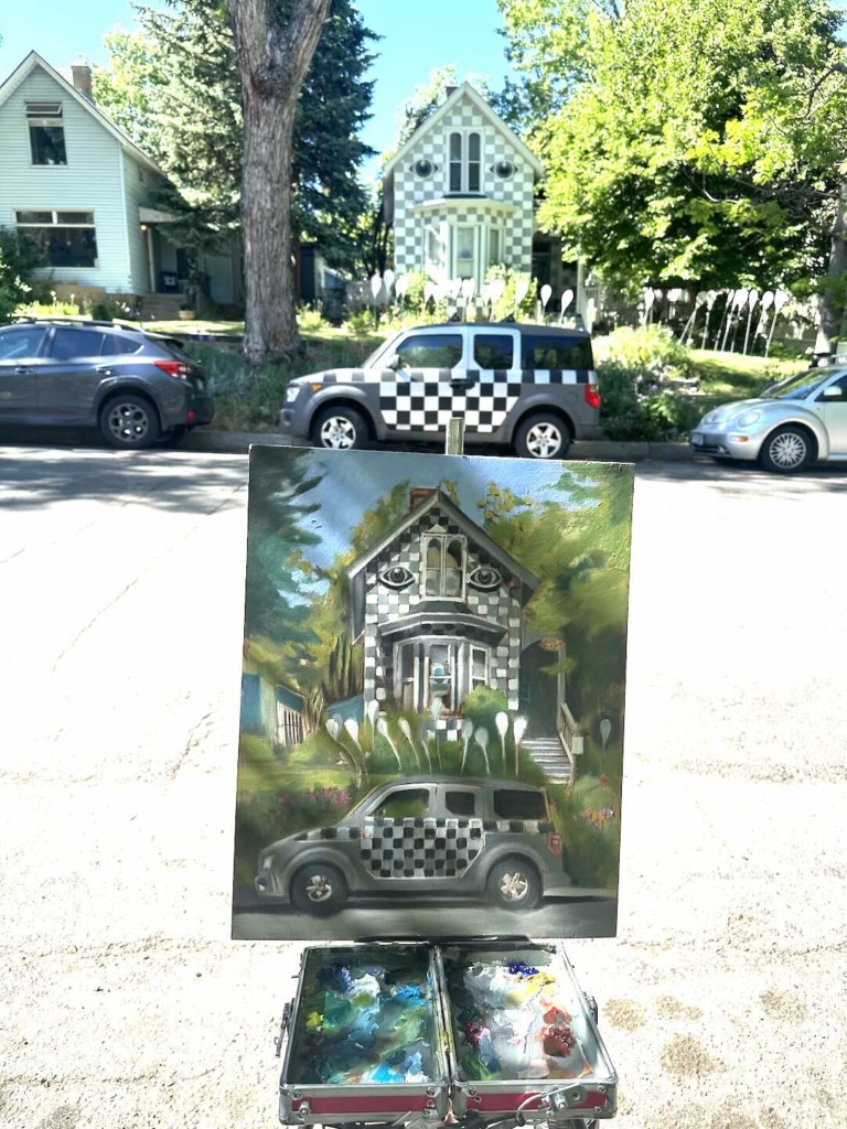 a photo of a pleinair painting in progress of a house with checkerboard designs, by Jonathan Machen, 2024