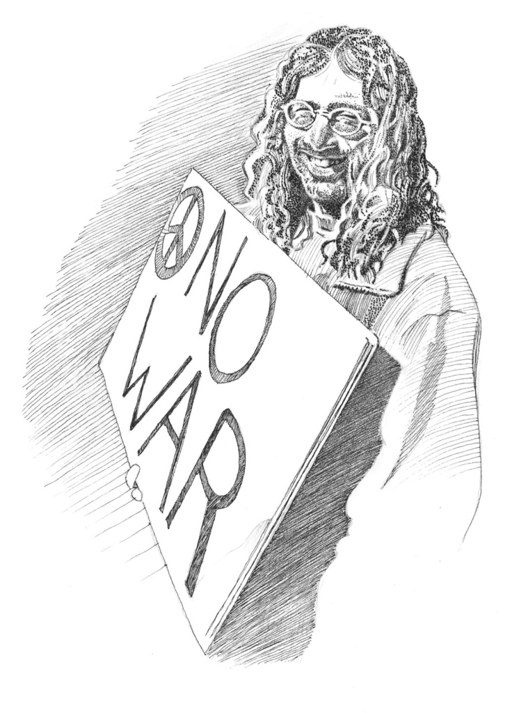 a pen-and-ink drawing of a man holding up a "No War" sign. Drawing copyright by Jonathan Machen,