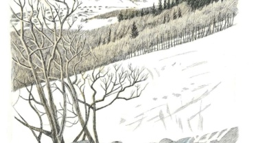 a pen-and-ink drawing of Crested Butte Ski Area by Jonathan Machen, 1996