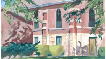 a photo of an acrylic painting of the Foursquare Church in Boulder, CO, by Jonathan Machen, 1991
