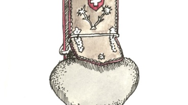 Pen-and-ink pleinair drawing of a swiss cowbell by Jonathan Machen