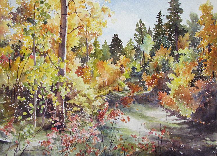 A painting by Gayle Fulwyler Smith; Forest Road Fall